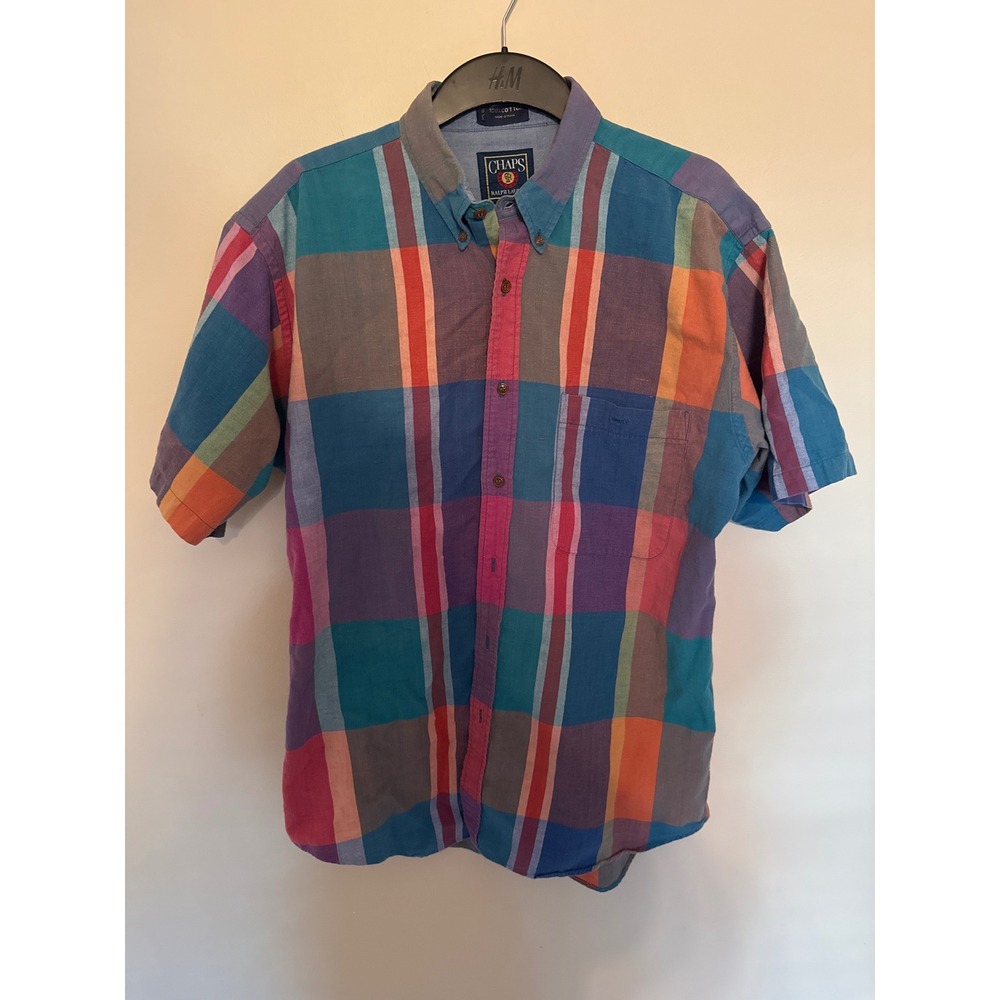 Vintage Chaps Ralph Lauren Plaid Short Sleeve Button Down Shirt Mens Large L